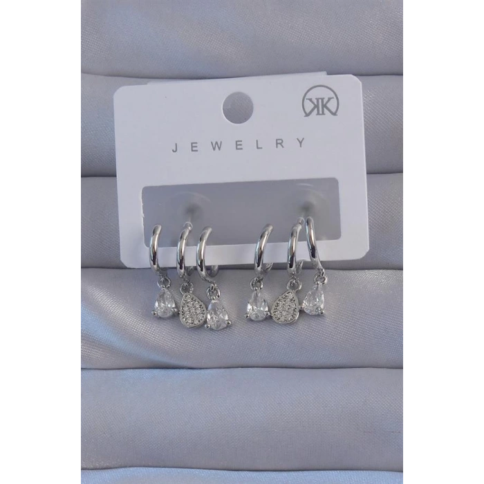 Pirinç Gümüş Renk Zirkon Taşlı Damla Model Çoklu Görünüm Yarım Halka Küpe