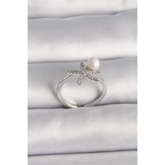 Pirinç Gümüş Renk Zirkon Taşlı Deniz Yıldızı Model İnci Detay Ayarlanabilir Yüzük