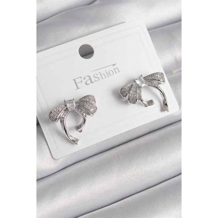 Pirinç Gümüş Renk Zirkon Taşlı Fiyonk Model Kadın Küpe