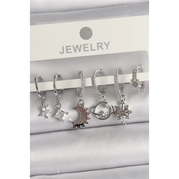 Pirinç Gümüş Renk Zirkon Taşlı Gezgen Model Kadın Küpe Seti