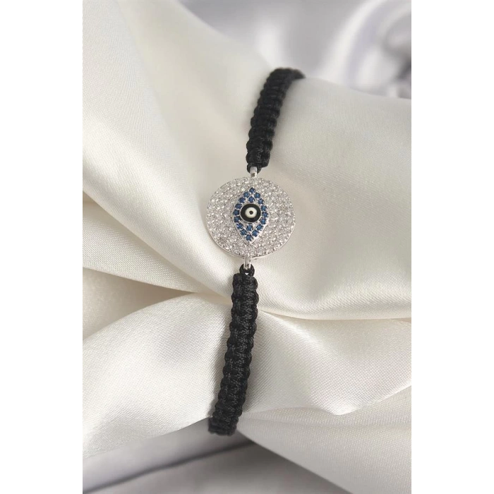 Pirinç Gümüş Renk Zirkon Taşlı Göz İşlemeli Figür Asansörlü Makrome Model Kadın Bileklik