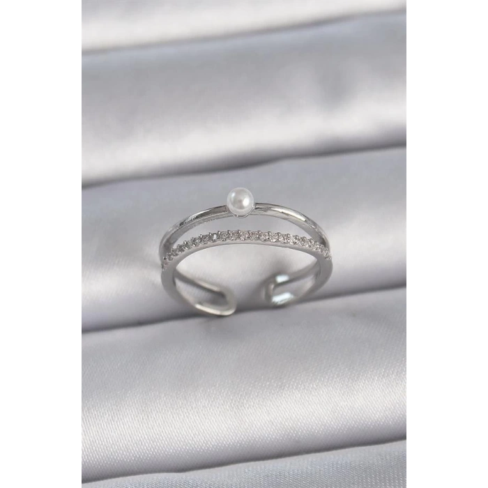 Pirinç Gümüş Renk Zirkon Taşlı İnci Detay Ayarlanabilir Model Kadın Yüzük