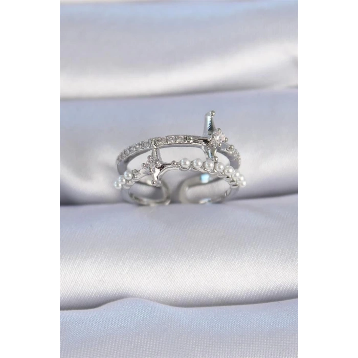 Pirinç Gümüş Renk Zirkon Taşlı İnci Detay Kutup Yıldızı Model Kadın Yüzük