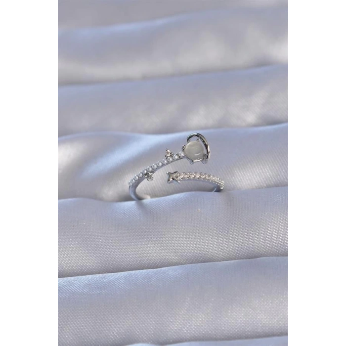 Pirinç Gümüş Renk Zirkon Taşlı İncili Satürn Model Ayarlanabilir Yüzük