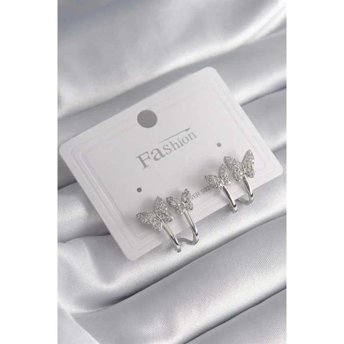 Pirinç Gümüş Renk Zirkon Taşlı Kelebek Model Kadın Küpe