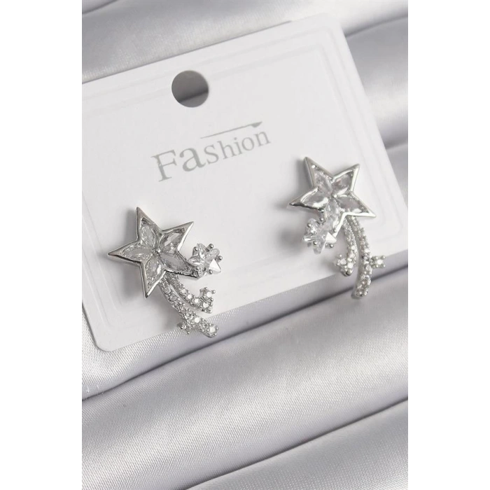 Pirinç Gümüş Renk Zirkon Taşlı Kuyruklu Yıldız Model Kadın Küpe