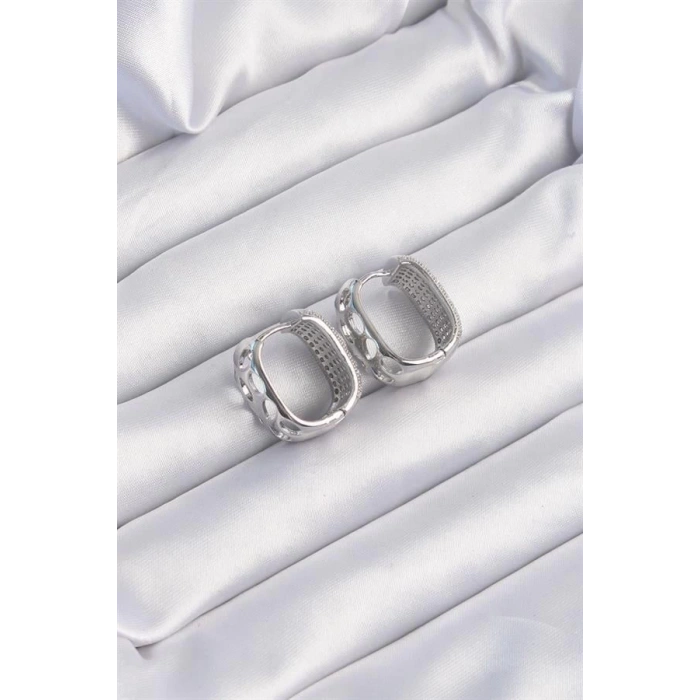 Pirinç Gümüş Renk Zirkon Taşlı Minimal Halka Küpe