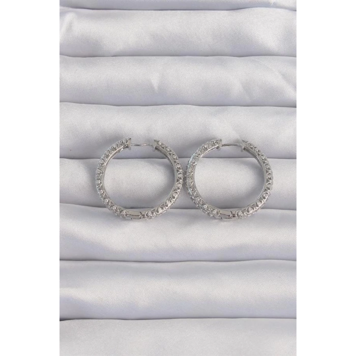 Pirinç Gümüş Renk Zirkon Taşlı Motifli Halka Küpe