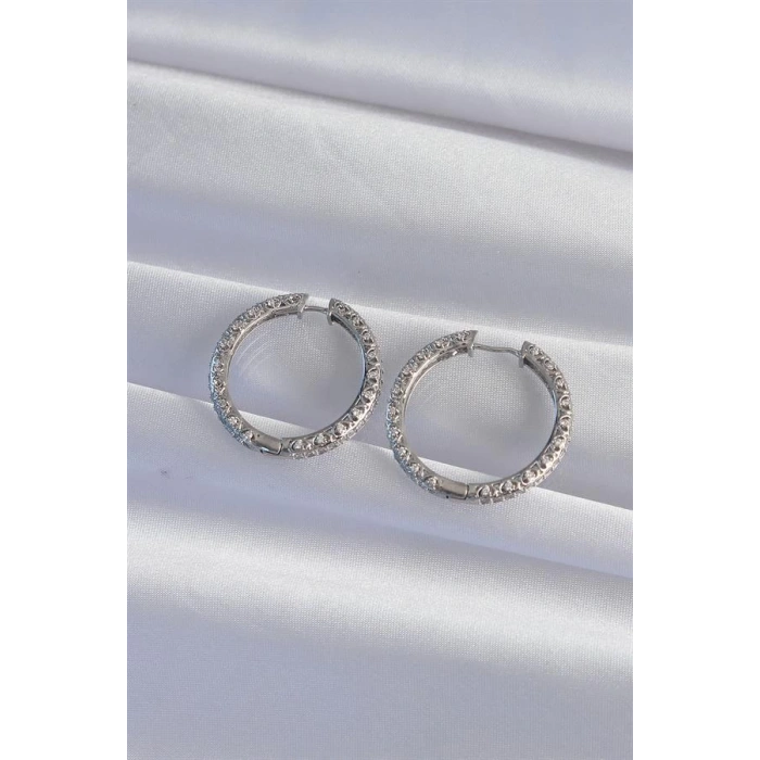 Pirinç Gümüş Renk Zirkon Taşlı Motifli Halka Küpe