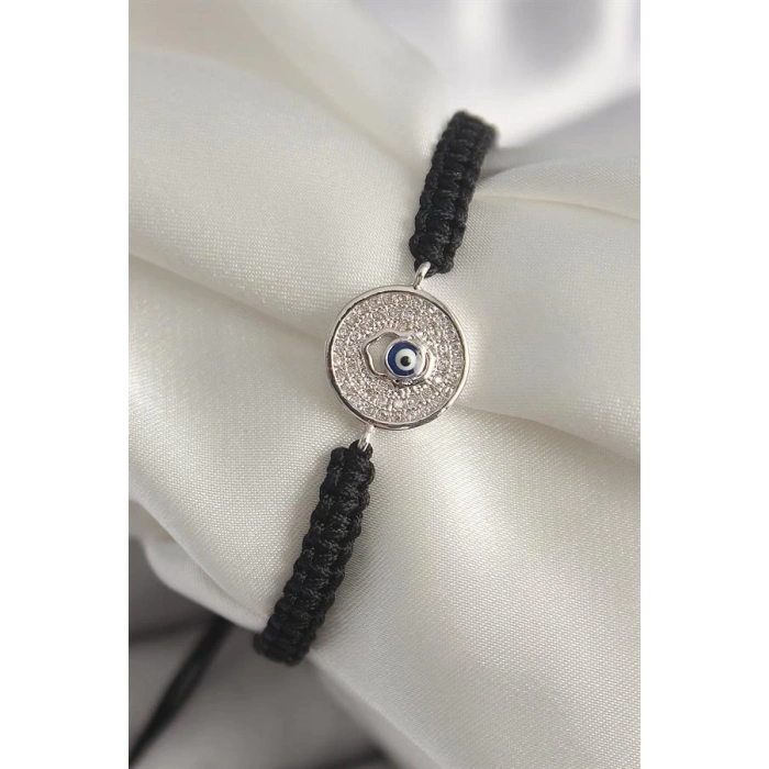 Pirinç Gümüş Renk Zirkon Taşlı Nazar Boncuk İşleme Makrome Asansörlü Model Kadın Bileklik