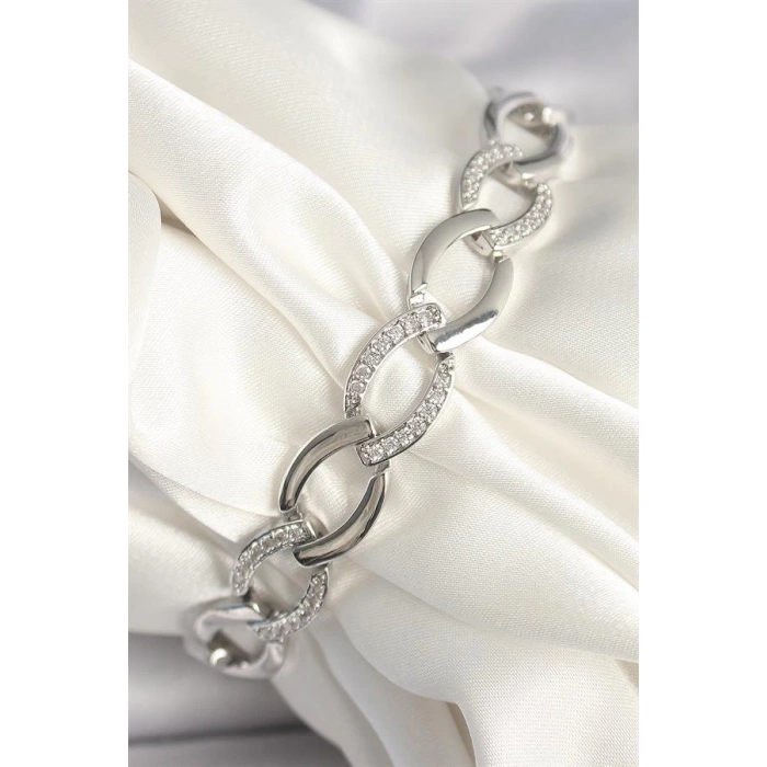 Pirinç Gümüş Renk Zirkon Taşlı Oval Zincir Model Kadın Bileklik