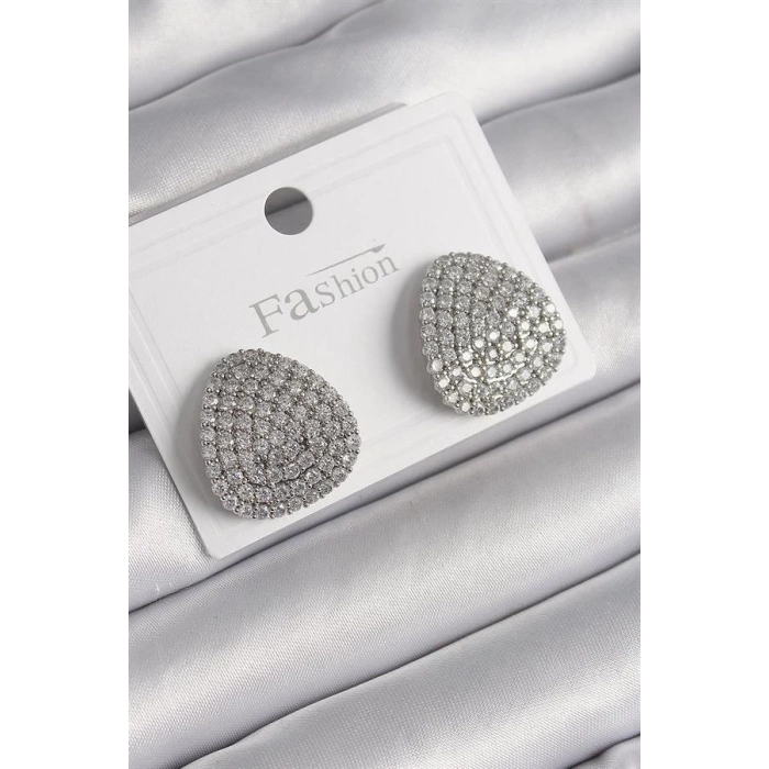 Pirinç Gümüş Renk Zirkon Taşlı Plaka Model Kadın Küpe