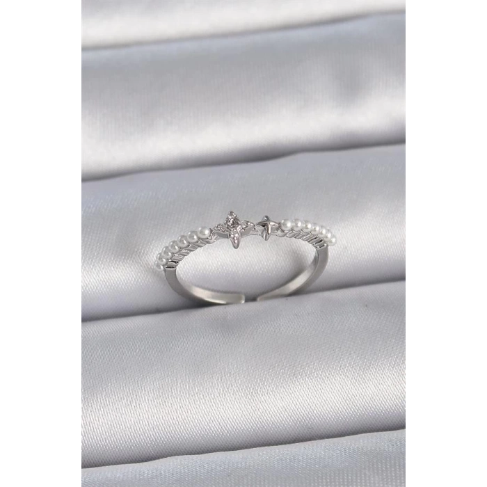 Pirinç Gümüş Renk Zirkon Taşlı Sıralı İnci Ayarlanabilir Model Kadın Yüzük