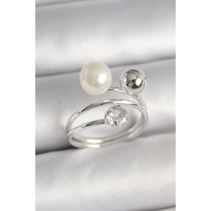 Pirinç Gümüş Renk Zirkon Taşlı Toplu İnci Model Kadın Yüzük