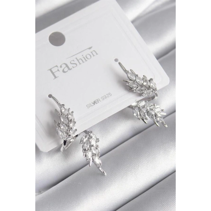 Pirinç Gümüş Renk Zirkon Taşlı Yaprak Model Kadın Küpe