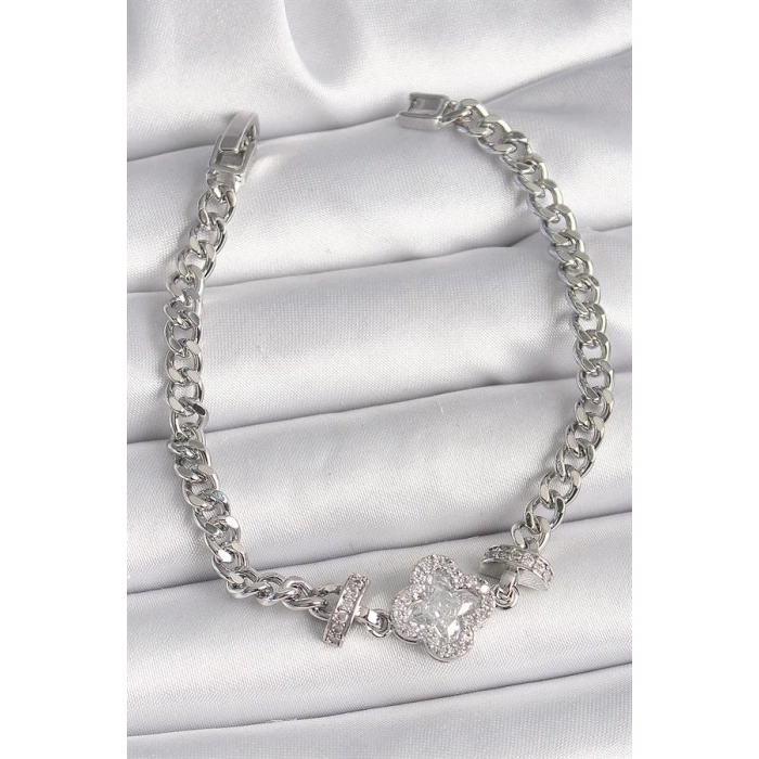 Pirinç Gümüş Renk Zirkon Taşlı Yonca Figür Zincir Model Kadın Bileklik
