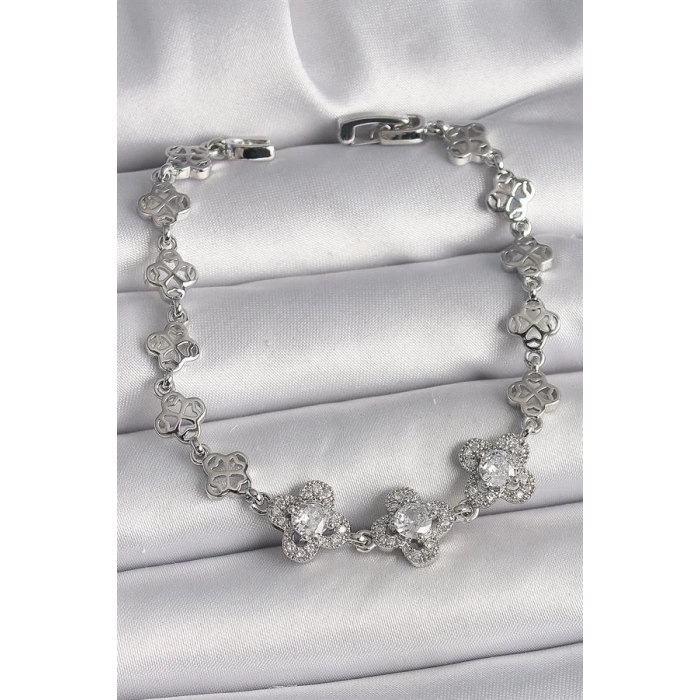 Pirinç Gümüş Renk Zirkon Taşlı Yonca Model Kadın Bileklik