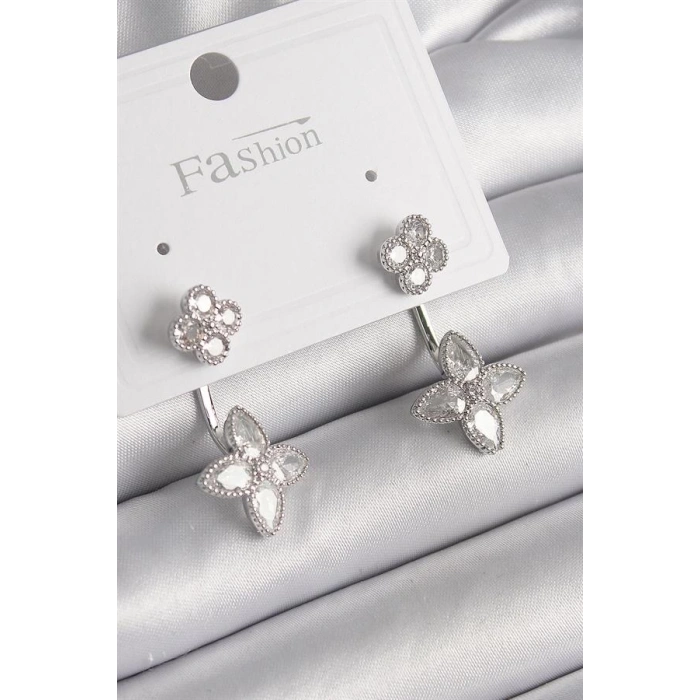 Pirinç Gümüş Renk Zirkon Taşlı Yonca Model Kadın Küpe