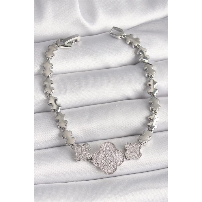 Pirinç Gümüş Renk Zirkon Taşlı Yonca Model Zincir Model Kadın Bileklik