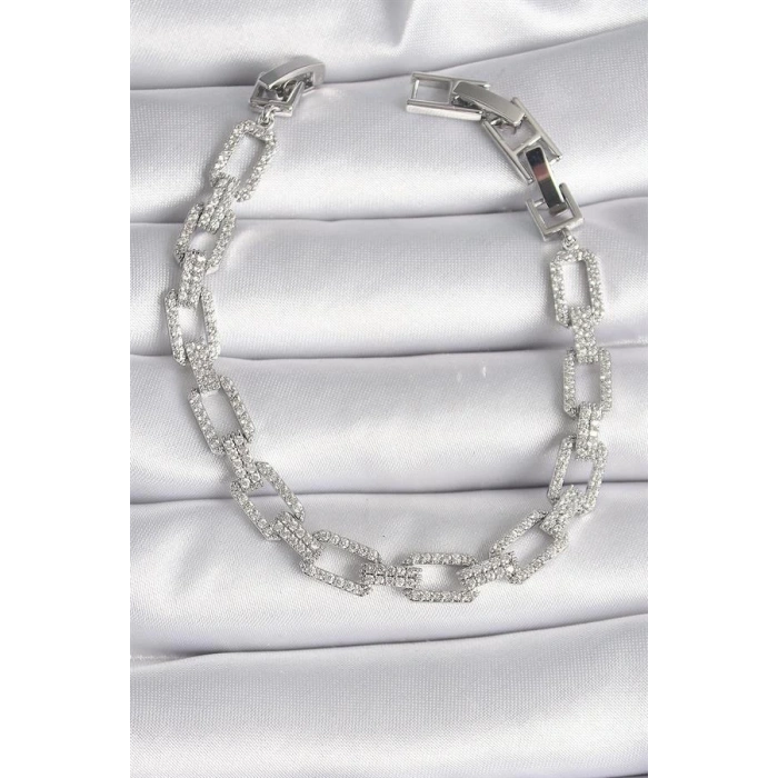 Pirinç Gümüş Renk Zirkon Taşlı Zincir Model VIP Seri Kadın Bileklik