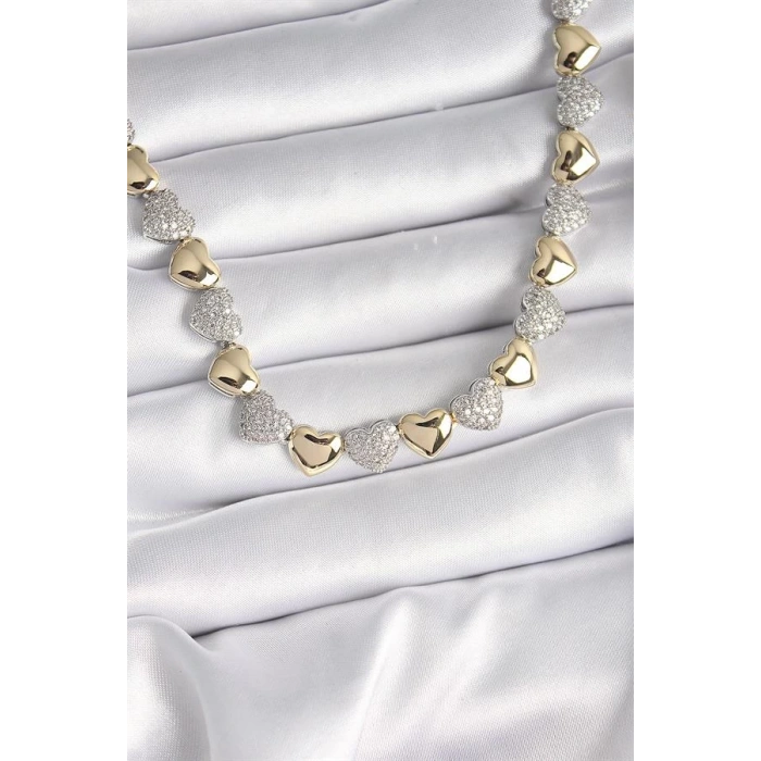 Pirinç Mix Renk Zirkon Taşlı Kalp Model VIP Exclusive Seri Kadın Kolye