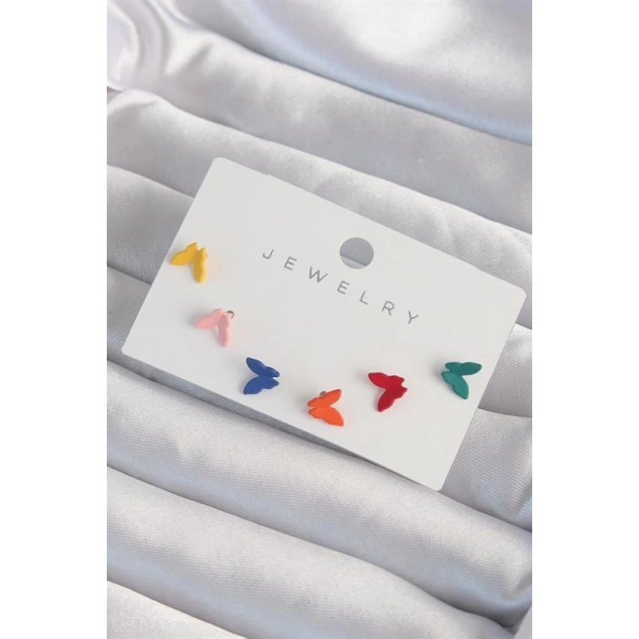 Pirinç Rengarenk Mineli Minimal Kelebek Küpe Seti