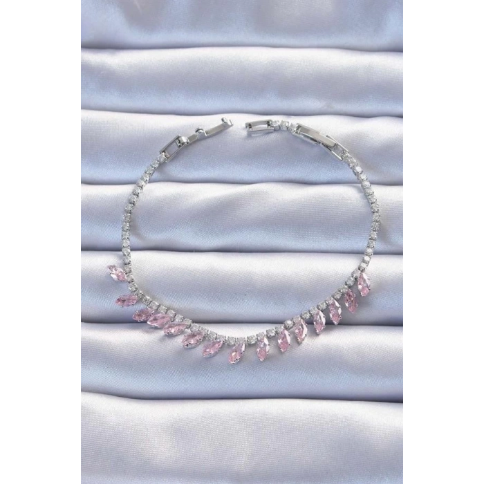 Pirinç Vip Seri Gümüş Renk Pembe Zirkon Taşlı Bileklik