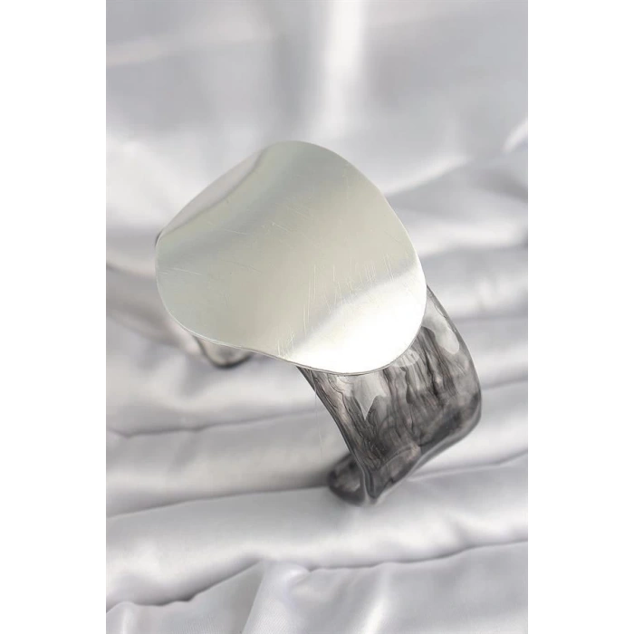 Siyah Mermer Desen Akrilik Pilastik Gümüş Plaka Model Vintage Kadın Bilezik