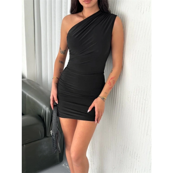 Tek omuz mini elbise 3916
