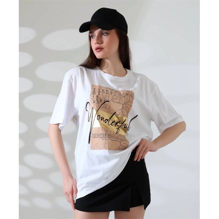 Varak Baskılı imza desen Kadın T-Shirt