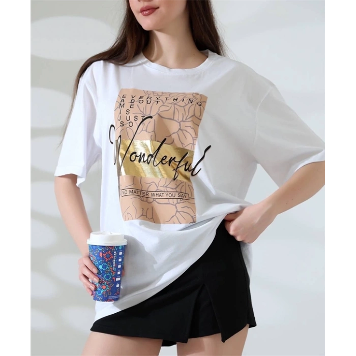 Varak Baskılı imza desen Kadın T-Shirt