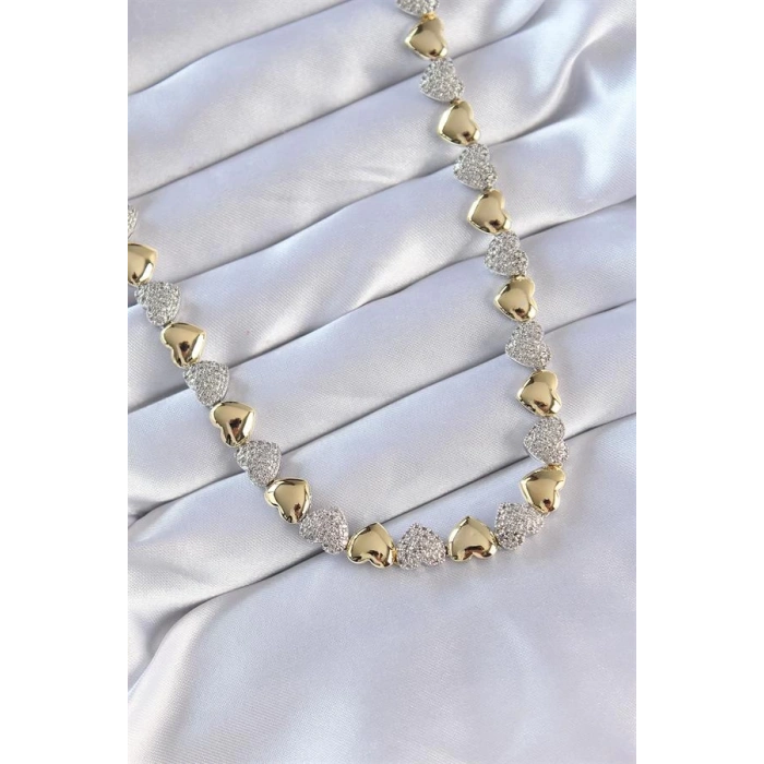 Vip Seri Pirinç Çift Renk Zirkon Taşlı Kalp Tasarımlı Kolye