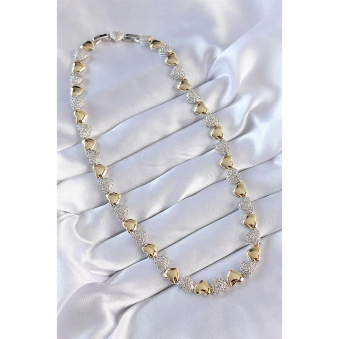 Vip Seri Pirinç Çift Renk Zirkon Taşlı Kalp Tasarımlı Kolye