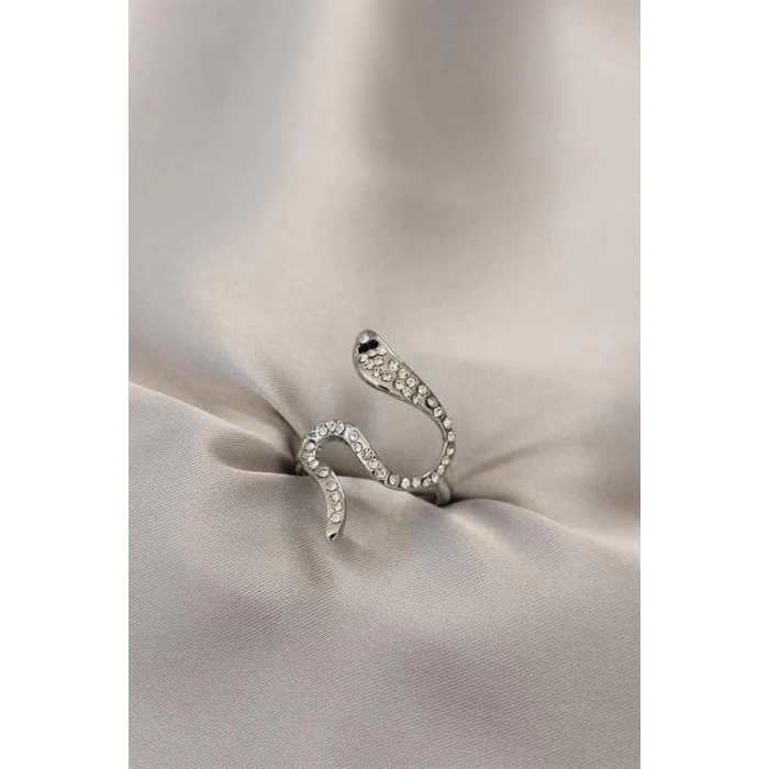 Zirkon Taşlı Gümüş Renk Yılan Yüzük