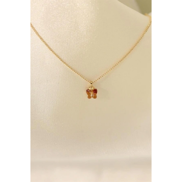 Zirkon Taşlı Mercan Renk Minimal Kelebek Kolye