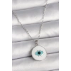 316L Çelik Gümüş Renk Zincir Beyaz Mineli Turkuaz Göz İşleme Model Kadın Kolye