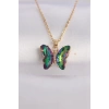 316L Çelik Zincir Altın Renk Zincir Yeşil Kelebek Model Renkli Zirkon Taşlı Kolye