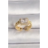 Pirinç Gold Renk Zincir Model Kare Zirkon Taşlı Kadın Yüzük