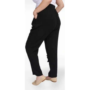 125001 Paçası Yırtmaçlı Püskül Detaylı Beli İpli Kadın Müslin Pantolon Siyah