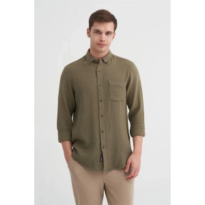 2024 Uzun Kollu Müslin Kumaş Erkek Gömlek Haki