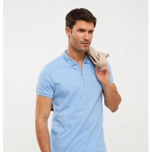 2570 Fermuarlı Polo Yaka Merselize Kumaş Kolu Ve Beli Lastikli Erkek TShirt Mavi