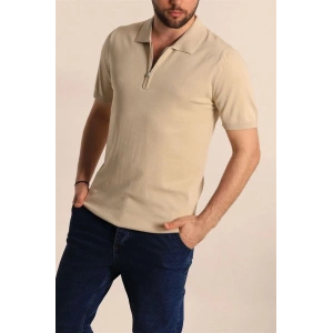 2570 Fermuarlı Polo Yaka Merselize Kumaş Kolu Ve Beli Lastikli Erkek TShirt Taş
