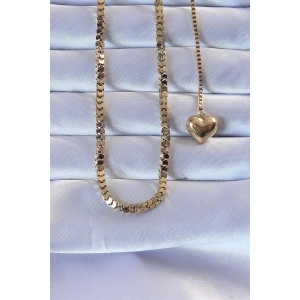 316L Çelik Altın Renk Küp Zincirli Kalpli Kolye