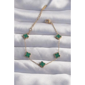 316L Çelik Baby Boy Gold Renk Çizgili Yeşil Mineli Yonca Bileklik