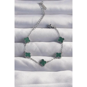 316L Çelik Baby Boy Gümüş Renk Çizgili Yeşil Mineli Yonca Bileklik