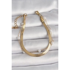 316L Çelik Gold Renk 2Li İtalyan Zincir Model İnci Detay Kadın Bileklik