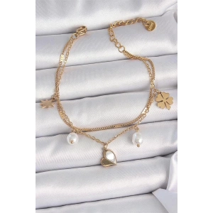 316L Çelik Gold Renk 2li Zincir Model Sallantı Kalp Figür Yonca Detay Kadın Bileklik