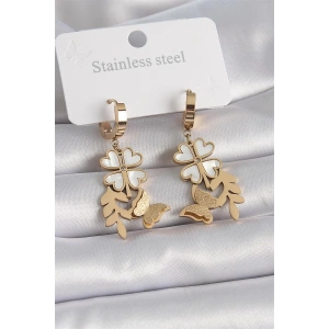 316L Çelik Gold Renk Beyaz Sedefli Yonca Simli Kelebek Figür Kadın Küpe