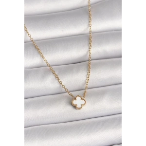 316L Çelik Gold Renk Beyaz Yonca Model Kadın Kolye