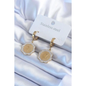316L Çelik Gold Renk Çeyrek Model Zirkon Taş Detay Kadın Küpe